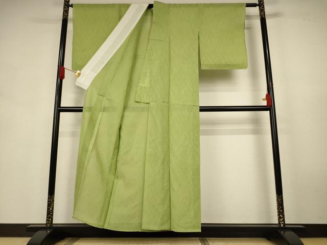 平和屋着物＊夏物　色無地　菱紋紗　若苗色　正絹　逸品　AABK9440jd