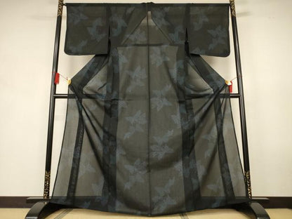 平和屋着物＊夏物　小紋　紗　吉祥舞蝶文　黒地　洗える着物　AABK9448jd