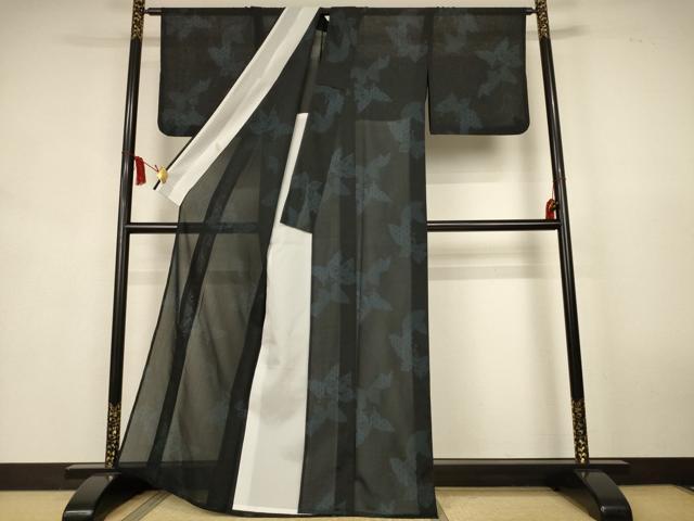 平和屋着物＊夏物　小紋　紗　吉祥舞蝶文　黒地　洗える着物　AABK9448jd