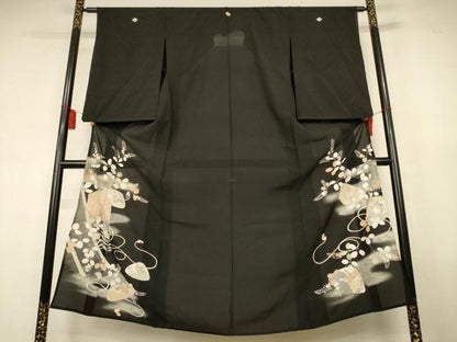 平和屋着物＊夏物　アンティーク　大正ロマン　黒留袖　絽　刺繍　貝桶花文　暈し染め　正絹　逸品　AABK9483jd