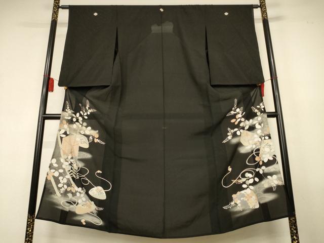 平和屋着物＊夏物　アンティーク　大正ロマン　黒留袖　絽　刺繍　貝桶花文　暈し染め　正絹　逸品　AABK9483jd