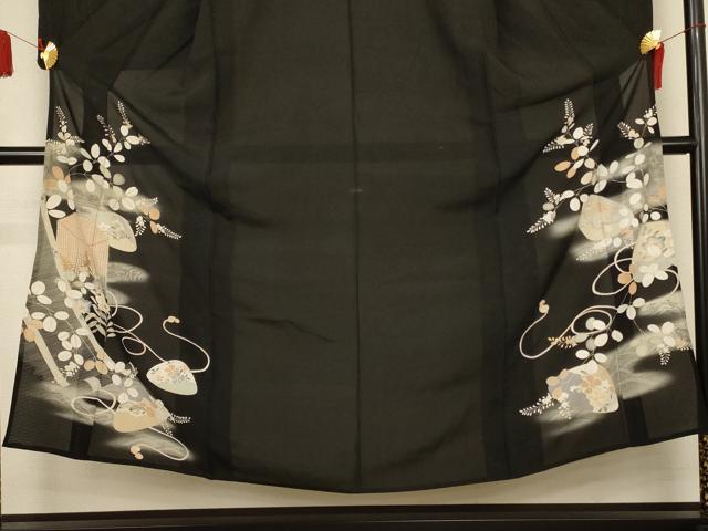 平和屋着物＊夏物　アンティーク　大正ロマン　黒留袖　絽　刺繍　貝桶花文　暈し染め　正絹　逸品　AABK9483jd