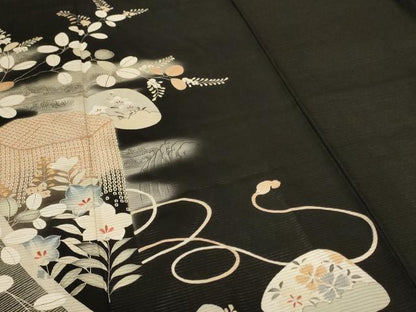 平和屋着物＊夏物　アンティーク　大正ロマン　黒留袖　絽　刺繍　貝桶花文　暈し染め　正絹　逸品　AABK9483jd