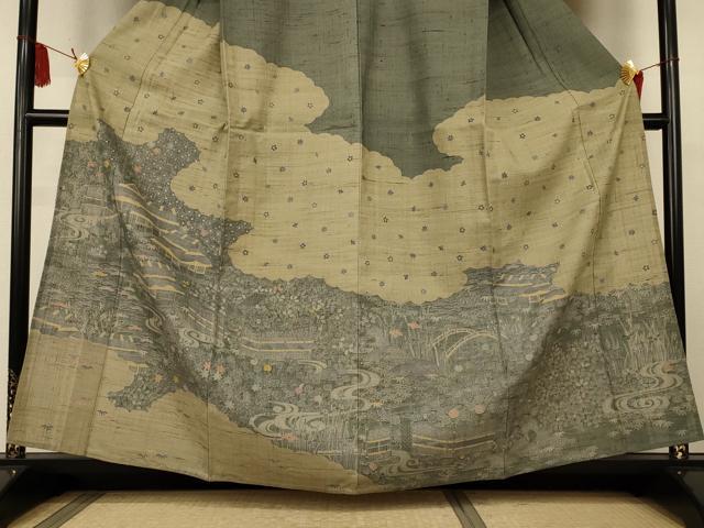 平和屋着物＊夏物　訪問着　生紬　風景文　松竹梅　正絹　逸品　未使用　AABK9508jd