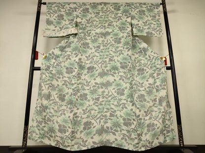 平和屋着物＊夏物　本場小千谷ちぢみ　草花文　反端付き　麻　逸品　AABK9528jd
