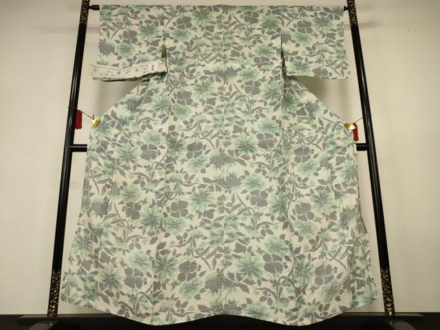 平和屋着物＊夏物　本場小千谷ちぢみ　草花文　反端付き　麻　逸品　AABK9528jd