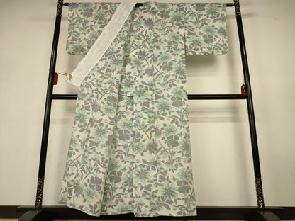 平和屋着物＊夏物　本場小千谷ちぢみ　草花文　反端付き　麻　逸品　AABK9528jd