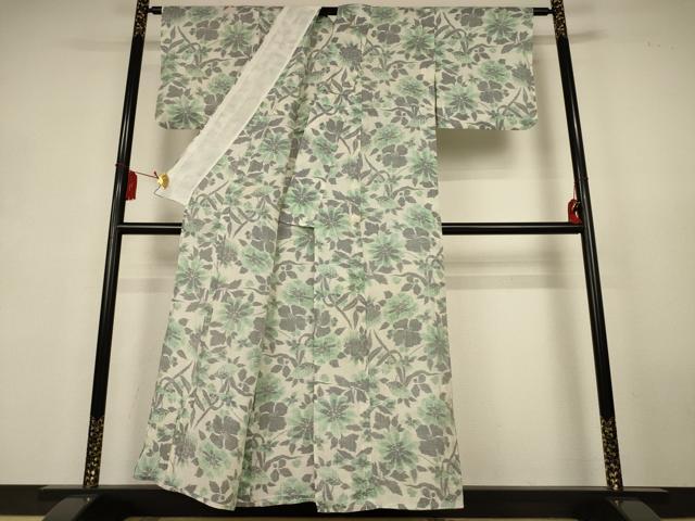 平和屋着物＊夏物　本場小千谷ちぢみ　草花文　反端付き　麻　逸品　AABK9528jd
