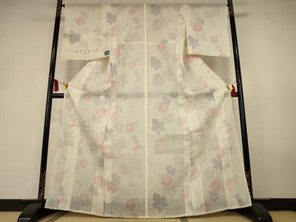 平和屋着物＊夏物　本場小千谷ちぢみ　草花文　証紙付き　麻　逸品　AABK9532jd