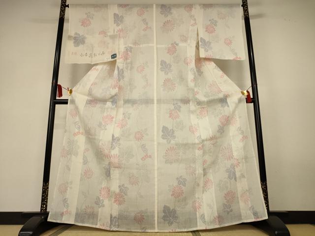 平和屋着物＊夏物　本場小千谷ちぢみ　草花文　証紙付き　麻　逸品　AABK9532jd