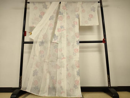 平和屋着物＊夏物　本場小千谷ちぢみ　草花文　証紙付き　麻　逸品　AABK9532jd
