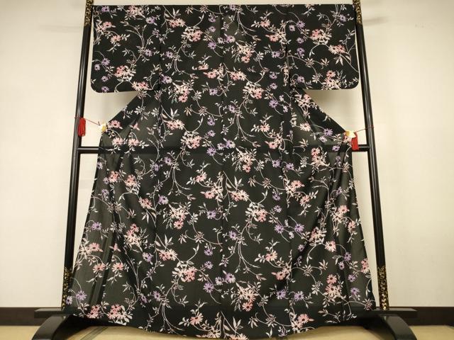 平和屋着物＊夏物　小紋　紗　草花文　黒地　洗える着物　AABK9543jd