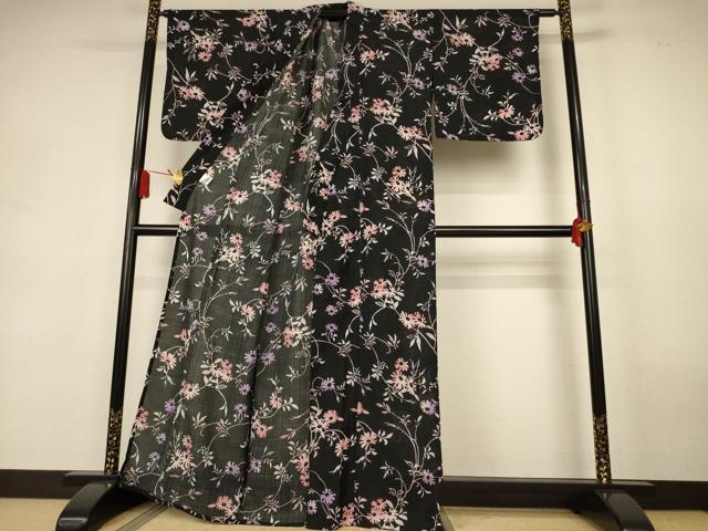 平和屋着物＊夏物　小紋　紗　草花文　黒地　洗える着物　AABK9543jd
