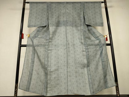 平和屋着物＊夏物　小紋　浴衣兼用　絹紅梅　麻の葉文様　絹綿　AABK9547jd