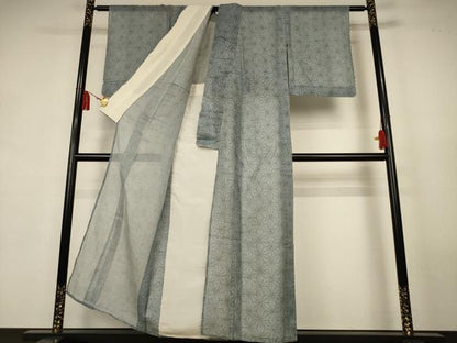 平和屋着物＊夏物　小紋　浴衣兼用　絹紅梅　麻の葉文様　絹綿　AABK9547jd