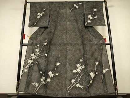平和屋着物＊夏物　訪問着　絽　ろうけつ染め　枝葉文　黒地　正絹　逸品　AABK9558jd