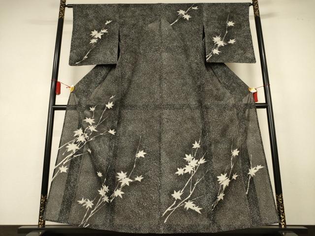 平和屋着物＊夏物　訪問着　絽　ろうけつ染め　枝葉文　黒地　正絹　逸品　AABK9558jd