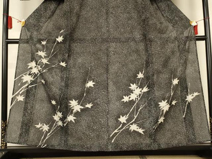 平和屋着物＊夏物　訪問着　絽　ろうけつ染め　枝葉文　黒地　正絹　逸品　AABK9558jd