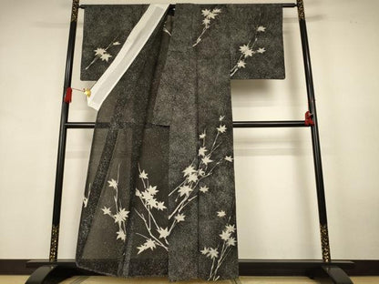 平和屋着物＊夏物　訪問着　絽　ろうけつ染め　枝葉文　黒地　正絹　逸品　AABK9558jd