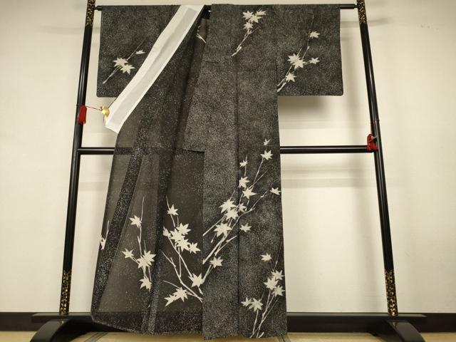 平和屋着物＊夏物　訪問着　絽　ろうけつ染め　枝葉文　黒地　正絹　逸品　AABK9558jd