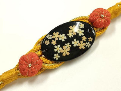 平和屋着物●和装小物　振袖用帯締め　装飾　蒔絵　ちりめん細工　金糸　逸品　未使用　AABK9648ay