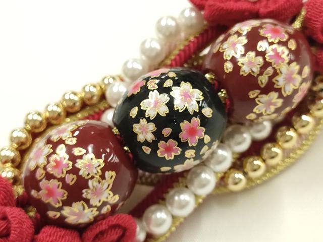 平和屋着物●和装小物　振袖用帯締め　装飾　飾り玉　パール　つまみ細工　金糸　撚り房　正絹　逸品　未使用　AABK9658ay