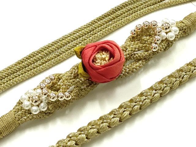 平和屋着物●和装小物　振袖用帯締め　装飾　つまみ細工　パール　金糸　逸品　AABK9735ay