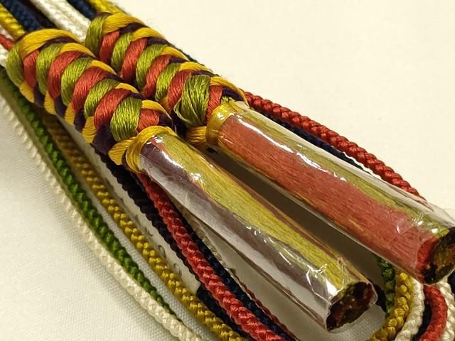 平和屋着物●和装小物　帯締め・帯揚げセット　七本原　厄除け紐　七色紐　7色　細紐　斜縞　正絹　逸品　未使用　AABK9788ay
