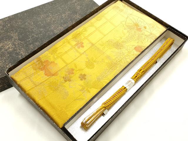 平和屋着物●和装小物　帯締め・帯揚げセット　平組　地紙花文　金彩　暈し染め　正絹　逸品　未使用　AABK9799ay