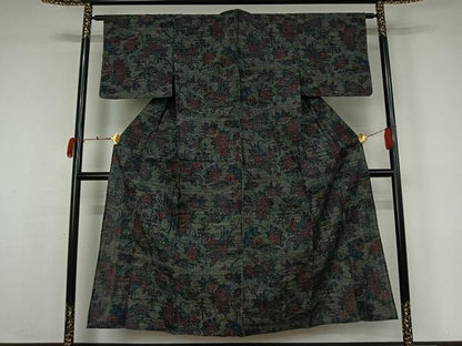 平和屋着物▽上質な紬　単衣　ちぢみ織　草花文　正絹　逸品　AABK9801jh