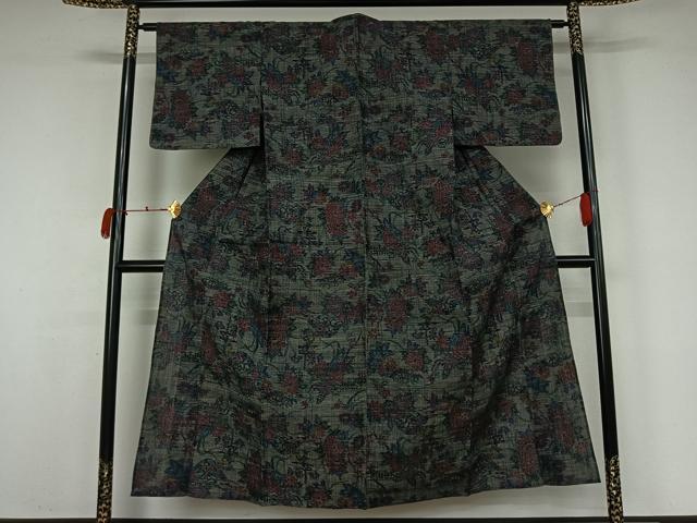 平和屋着物▽上質な紬　単衣　ちぢみ織　草花文　正絹　逸品　AABK9801jh