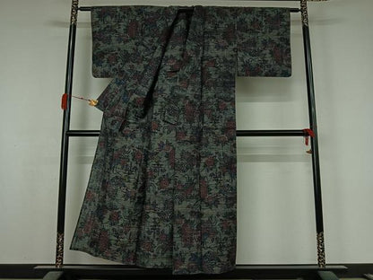 平和屋着物▽上質な紬　単衣　ちぢみ織　草花文　正絹　逸品　AABK9801jh