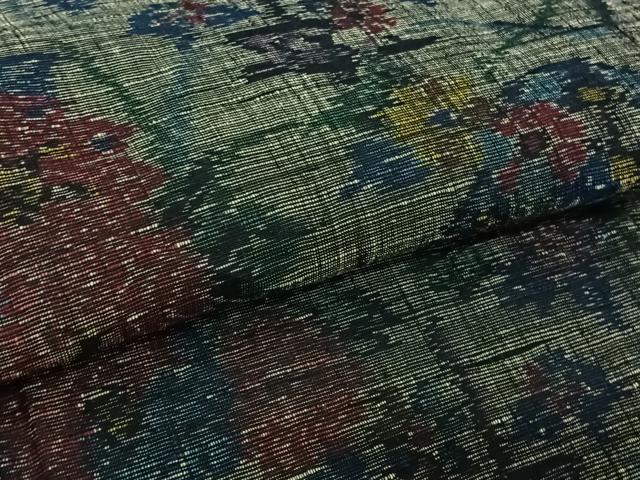 平和屋着物▽上質な紬　単衣　ちぢみ織　草花文　正絹　逸品　AABK9801jh