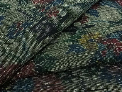平和屋着物▽上質な紬　単衣　ちぢみ織　草花文　正絹　逸品　AABK9801jh