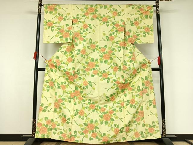 平和屋着物▽上質な紬　単衣　草花文　正絹　逸品　AABK9803jh