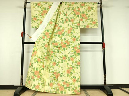 平和屋着物▽上質な紬　単衣　草花文　正絹　逸品　AABK9803jh