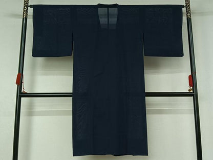 平和屋着物▽道行コート　スリーシーズン　春夏秋　塵除け　芝文　鉄紺色　ロング丈　正絹　逸品　AABK9808jh