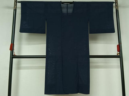 平和屋着物▽道行コート　スリーシーズン　春夏秋　塵除け　芝文　鉄紺色　ロング丈　正絹　逸品　AABK9808jh