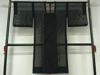 平和屋着物▽道行コート　スリーシーズン　春夏秋　塵除け　縞　黒地　ロング丈　AABK9809jh