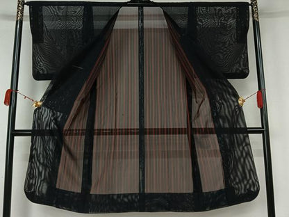 平和屋着物▽道行コート　スリーシーズン　春夏秋　塵除け　縞　黒地　ロング丈　AABK9809jh