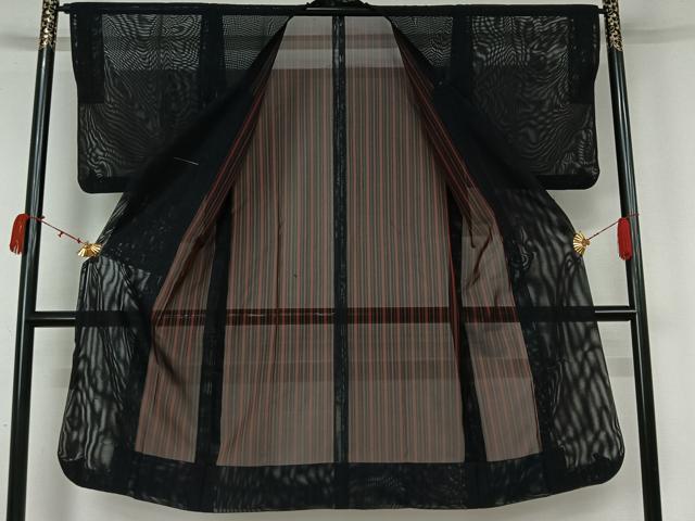 平和屋着物▽道行コート　スリーシーズン　春夏秋　塵除け　縞　黒地　ロング丈　AABK9809jh