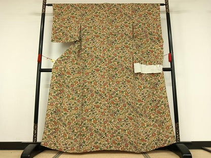 平和屋着物▽上質な小紋　単衣　型染め　草花文　鬼しぼ縮緬　反端付き　正絹　逸品　AABK9811jh