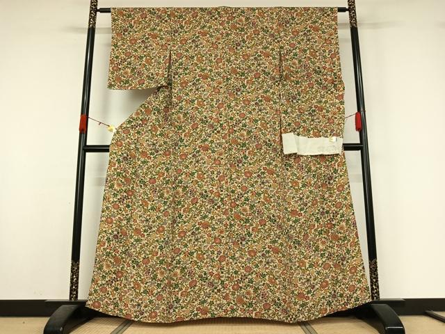 平和屋着物▽上質な小紋　単衣　型染め　草花文　鬼しぼ縮緬　反端付き　正絹　逸品　AABK9811jh