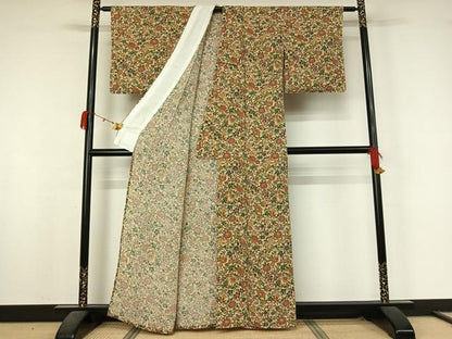 平和屋着物▽上質な小紋　単衣　型染め　草花文　鬼しぼ縮緬　反端付き　正絹　逸品　AABK9811jh