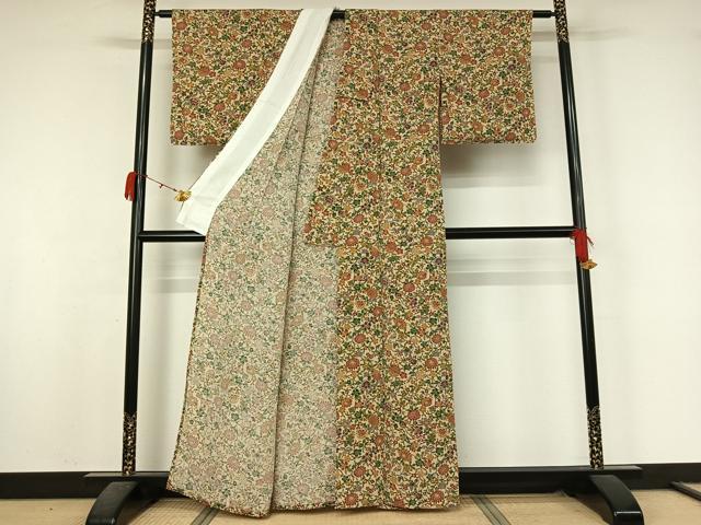 平和屋着物▽上質な小紋　単衣　型染め　草花文　鬼しぼ縮緬　反端付き　正絹　逸品　AABK9811jh
