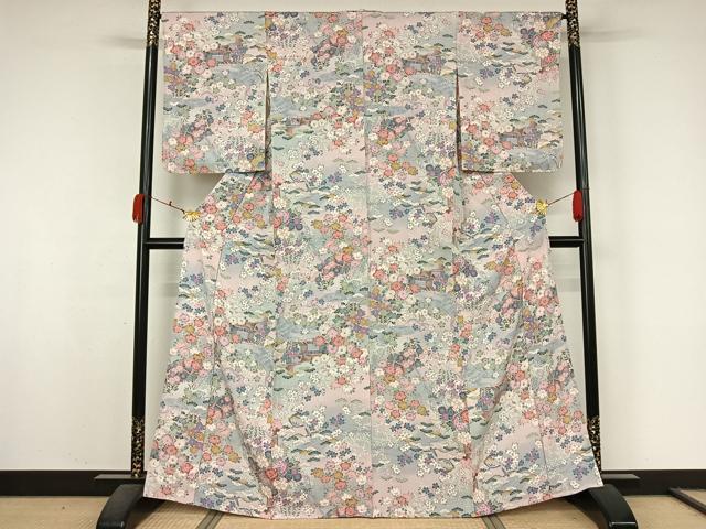 平和屋着物▽上質な小紋　単衣　風景花鳥文　暈し染め　正絹　逸品　AABK9813jh
