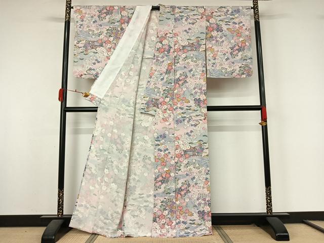 平和屋着物▽上質な小紋　単衣　風景花鳥文　暈し染め　正絹　逸品　AABK9813jh