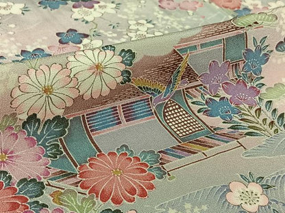 平和屋着物▽上質な小紋　単衣　風景花鳥文　暈し染め　正絹　逸品　AABK9813jh