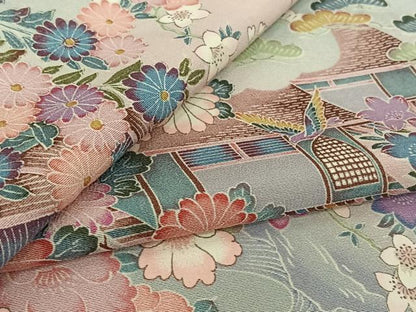 平和屋着物▽上質な小紋　単衣　風景花鳥文　暈し染め　正絹　逸品　AABK9813jh