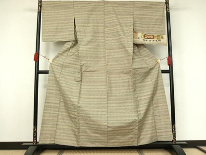 平和屋着物▽信州紬　単衣　横段文　証紙付き　正絹　逸品　AABK9814jh